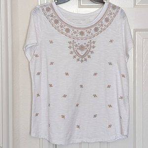 Allison Daley White Embroidered short sleeve Tee, Size Petite Medium